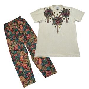 Vintage KWBL Shirt Pants Set Womens M Floral‎ Embellished Made USA 90s